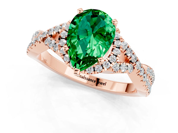 Rose gold Pear Cut Emerald  Halo Twist Band Solitaire Prong Setting Ring