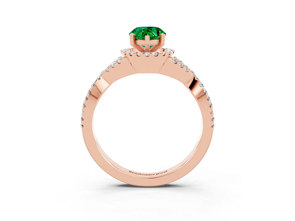 Rose gold Pear Cut Emerald  Halo Twist Band Solitaire Prong Setting Ring