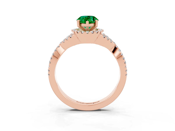 Rose gold Pear Cut Emerald  Halo Twist Band Solitaire Prong Setting Ring