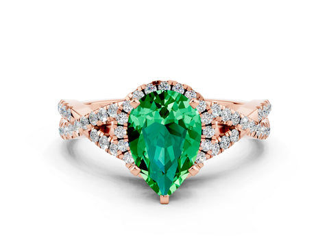 Rose gold Pear Cut Emerald Halo Twist Band Solitaire Prong Setting Ring