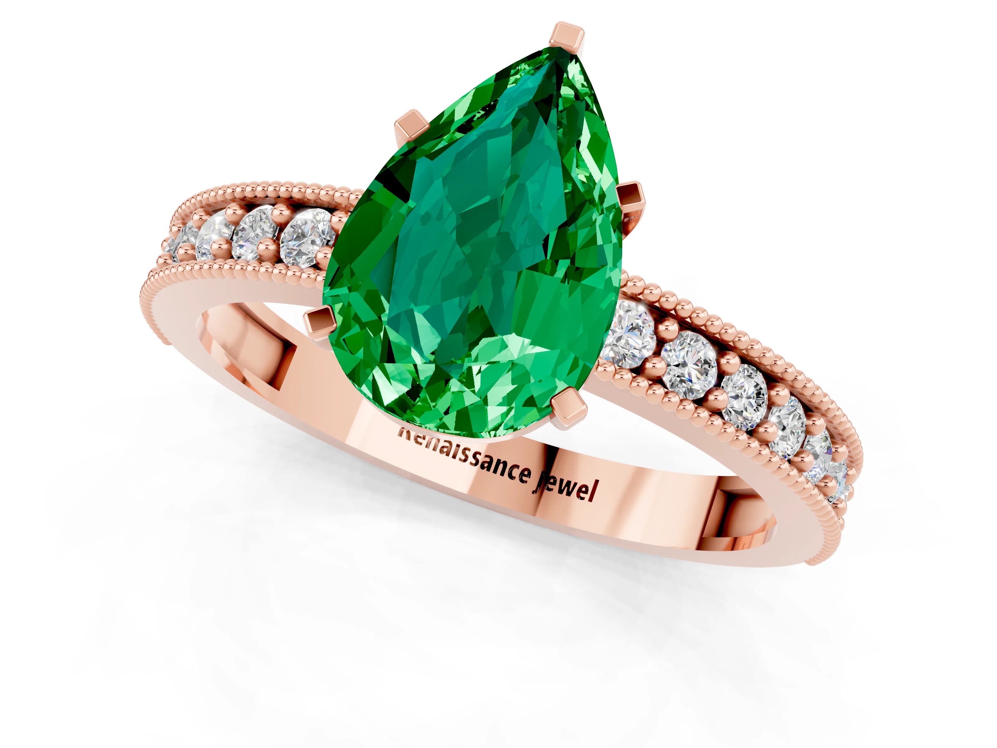 Rose gold Pear Cut Emerald Milgrain Pavé Engagement Ring with Four-Prong Setting_1