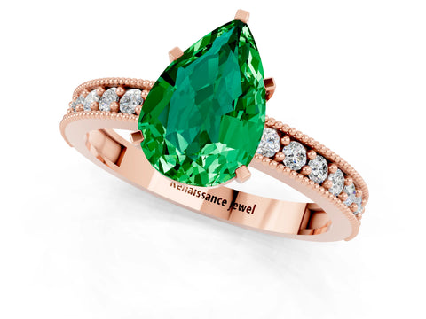 Rose gold Pear Cut Emerald Milgrain Pavé Engagement Ring with Four-Prong Setting_1