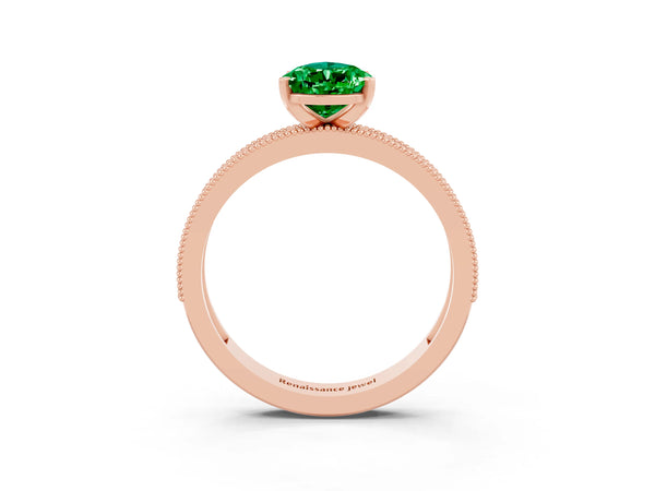 Rose gold Pear Cut Emerald Milgrain Pavé Engagement Ring with Four-Prong Setting