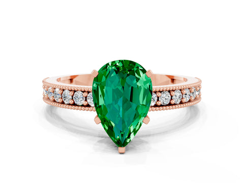 Rose gold Pear Cut Emerald Milgrain Pavé Engagement Ring with Four-Prong Setting