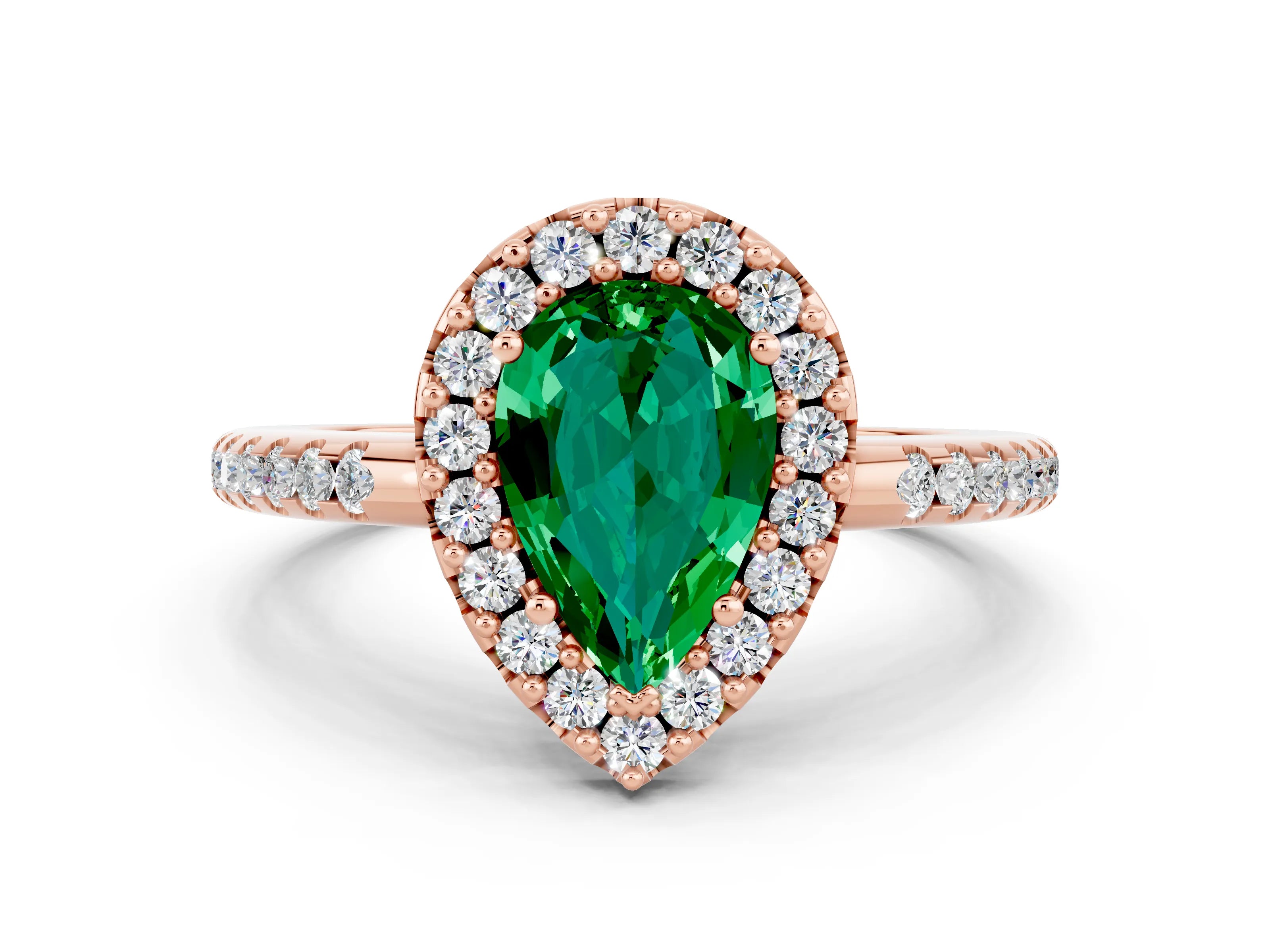 Rose gold Pear Cut Emerald Pavé Halo Ring with Four-Prong Setting_12