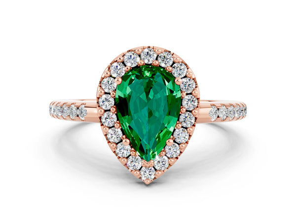 Rose gold Pear Cut Emerald Pavé Halo Ring with Four-Prong Setting