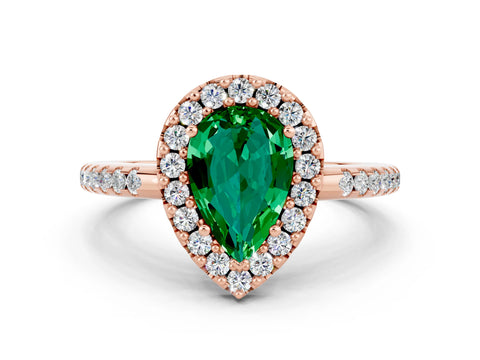 Rose gold Pear Cut Emerald Pavé Halo Ring with Four-Prong Setting_12
