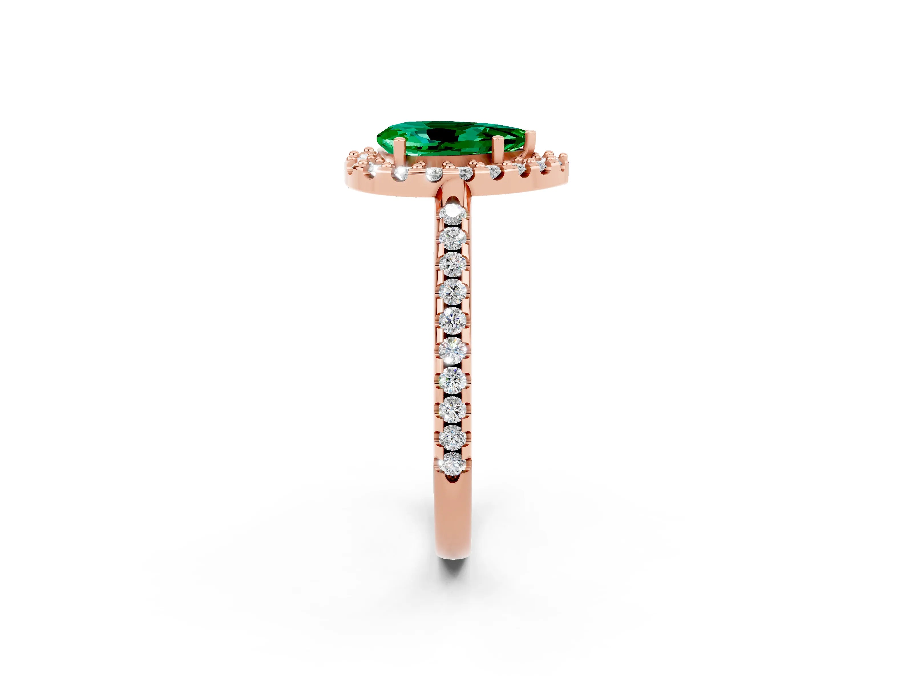 Rose gold Pear Cut Emerald Pavé Halo Ring with Four-Prong Setting_14