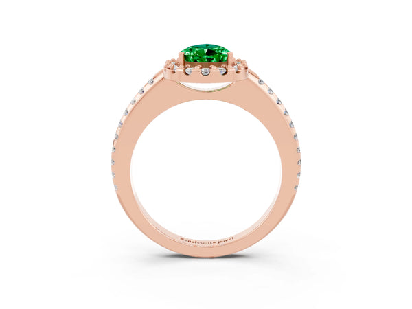 Rose gold Pear Cut Emerald Pavé Halo Ring with Four-Prong Setting