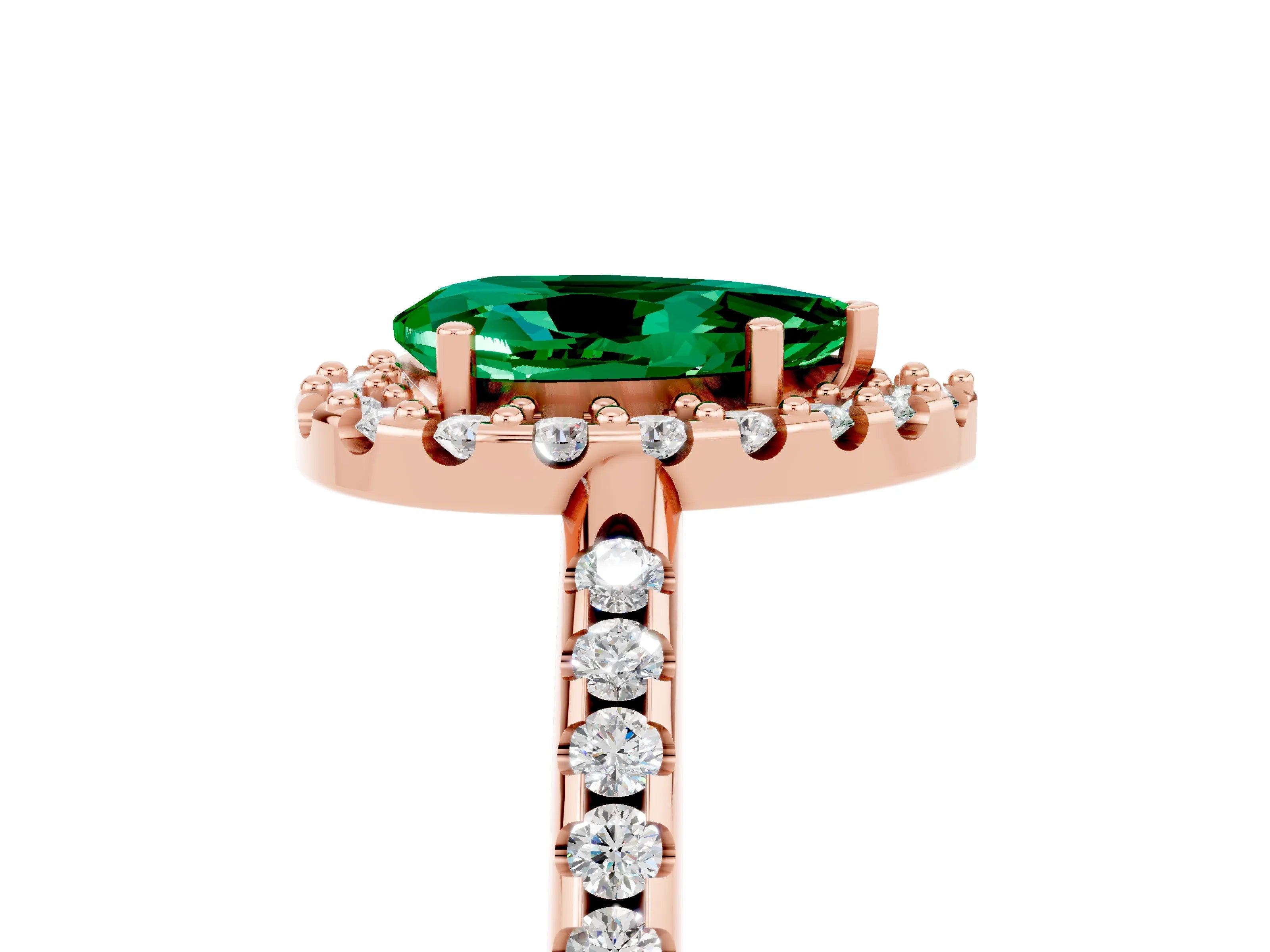 Rose gold Pear Cut Emerald Pavé Halo Ring with Four-Prong Setting_17