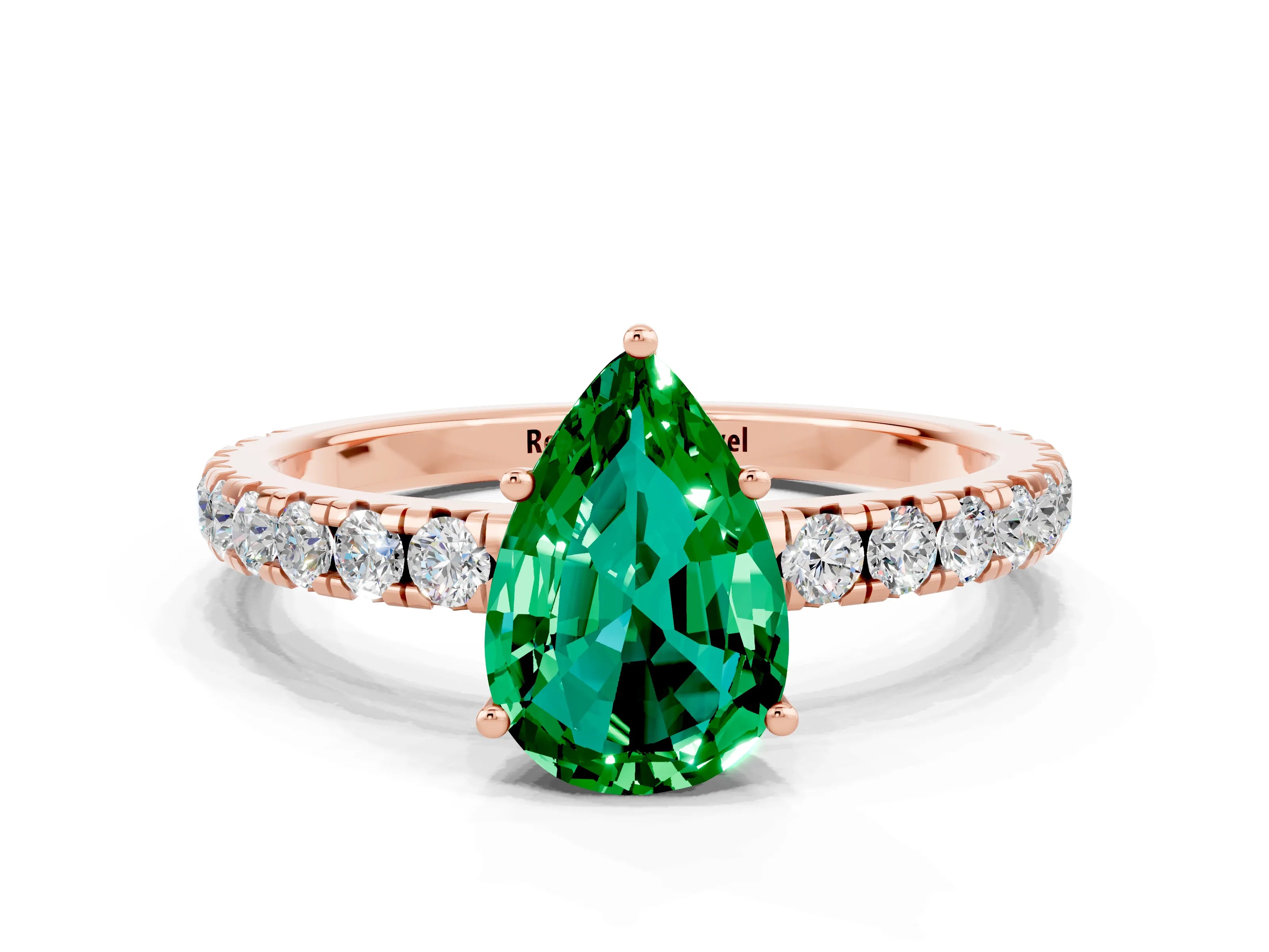 Rose gold Pear Cut Emerald Pavé Solitaire Engagement Ring with Four-Prong Setting_12