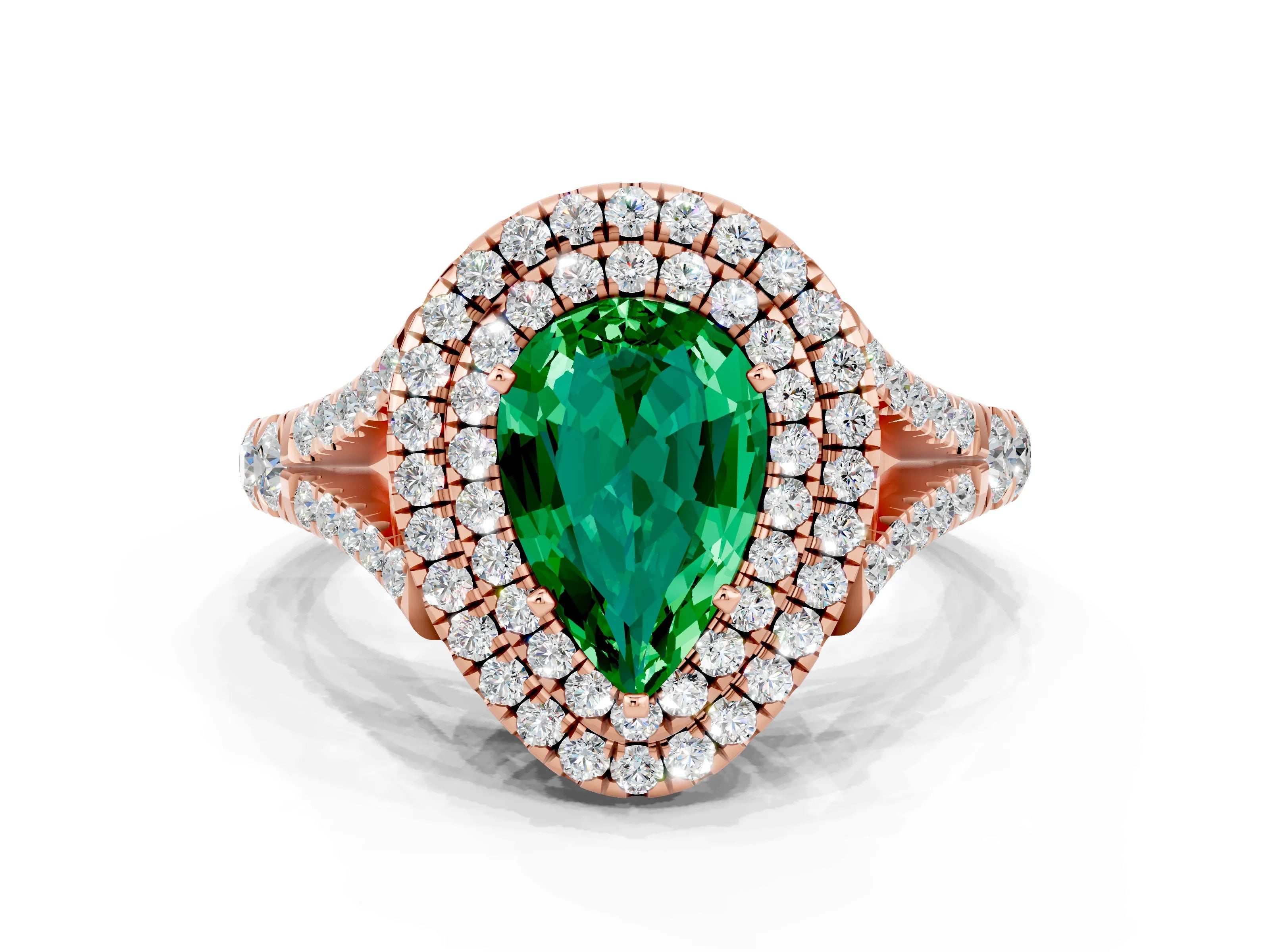Rose gold Pear Cut Emerald Pavé Split Shank Double Halo Engagement Ring