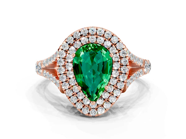 Rose gold Pear Cut Emerald Pavé Split Shank Double Halo Engagement Ring