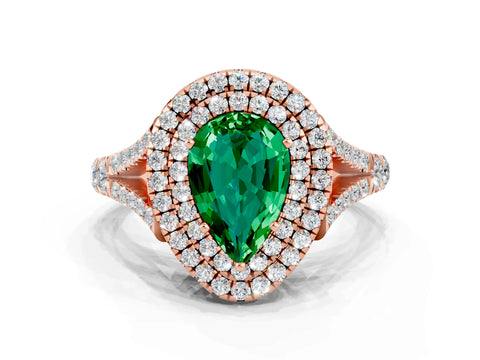 Rose gold Pear Cut Emerald Pavé Split Shank Double Halo Engagement Ring