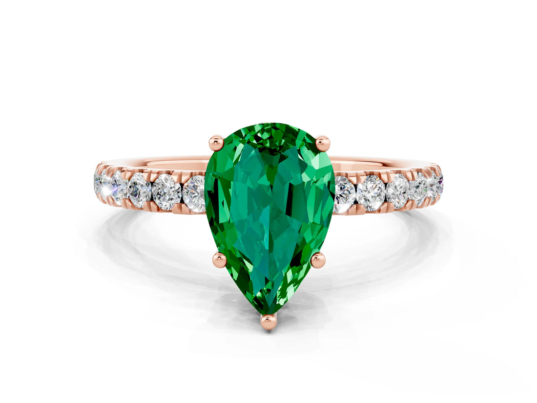 Rose gold Pear Cut Emerald Pave Band Solitaire Ring with Four-Prong Setting_24