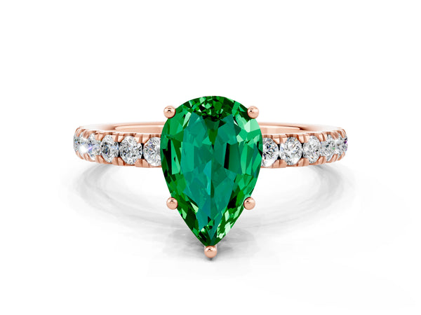 Rose gold Pear Cut Emerald Pave Band Solitaire Ring with Round  and Prong Setting