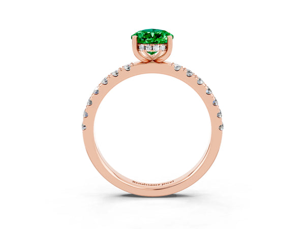Rose gold Pear Cut Emerald Pave Band Solitaire Ring with Round  and Prong Setting