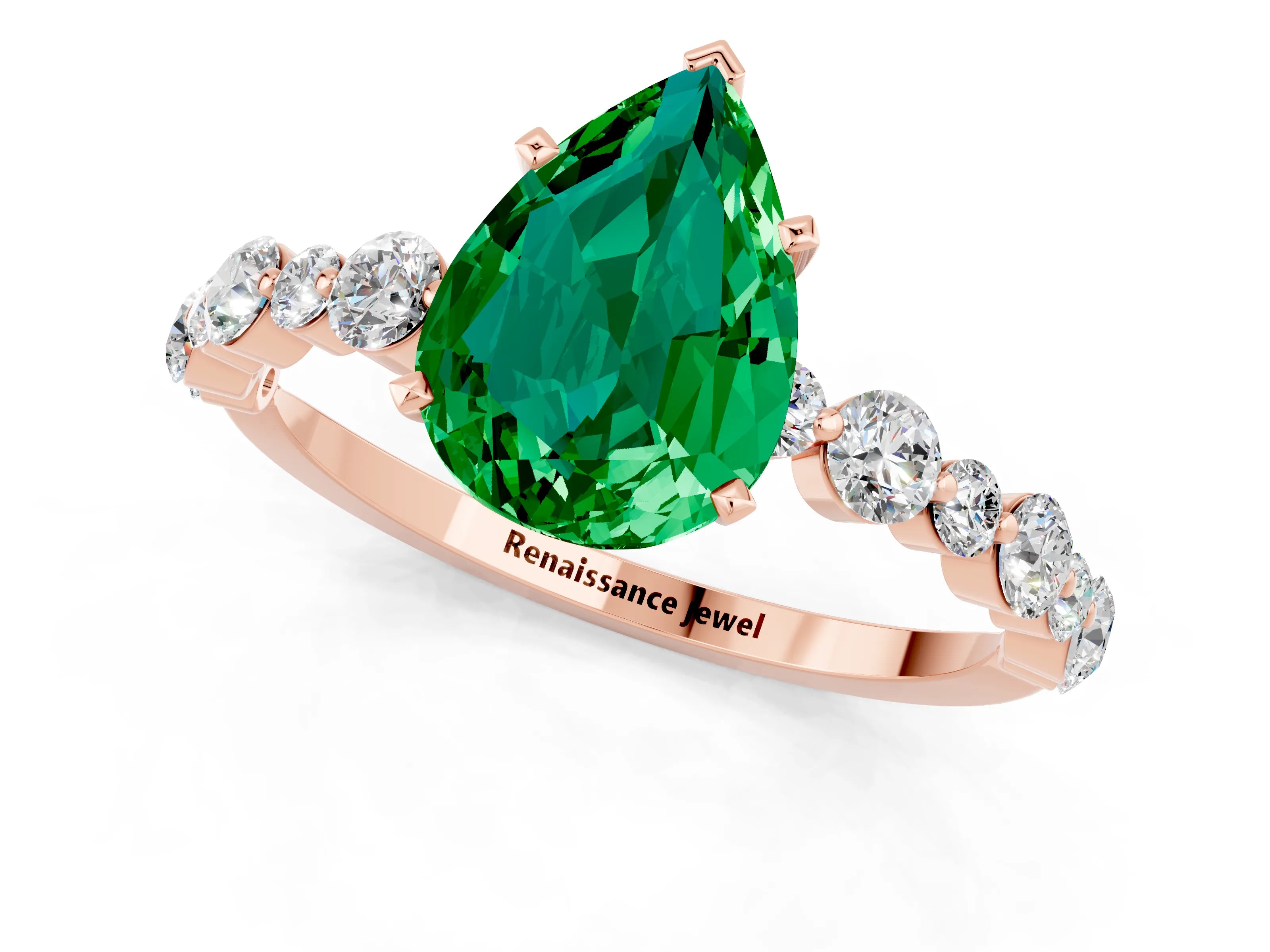 Rose gold Pear Cut Emerald Prong Set Engagement Ring with Pavé Band_1