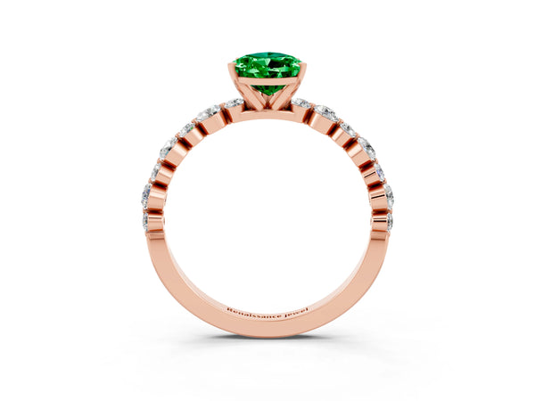 Rose gold Pear Cut Emerald Prong Set Engagement Ring with Pavé Band