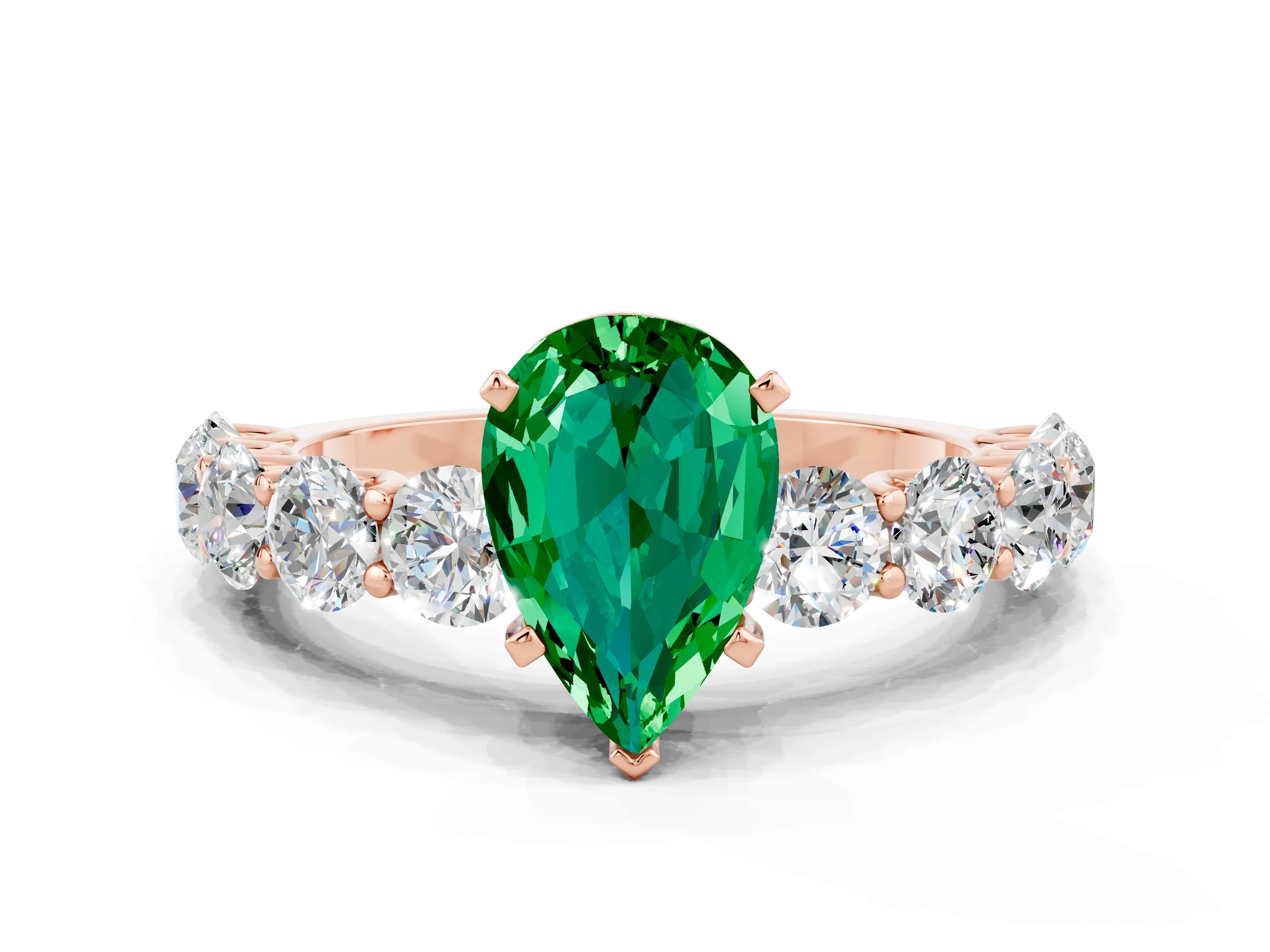 Rose gold Pear Cut Emerald Prong Setting with Side Stones on a Pave Band