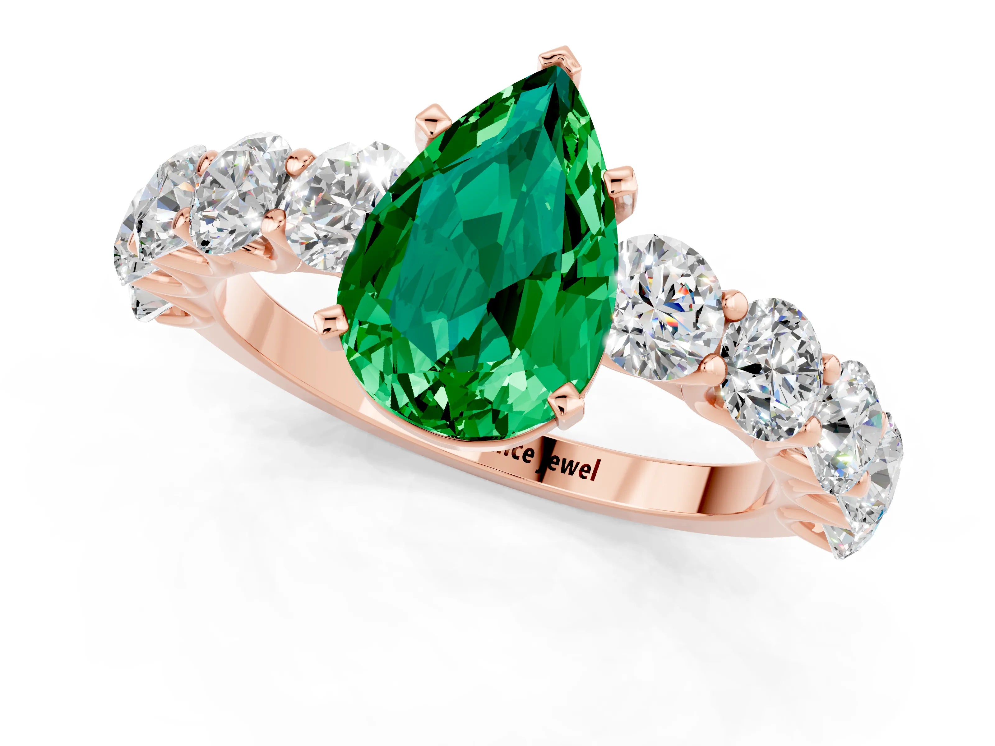 Rose gold Pear Cut Emerald Prong Setting with Side Stones on a Pave Band_1