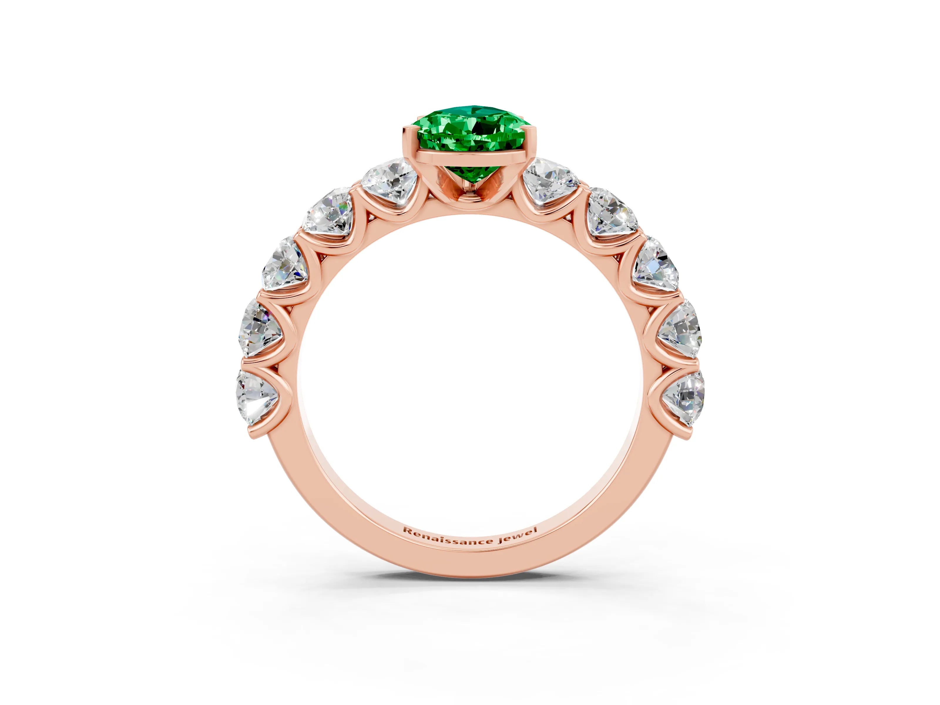 Rose gold Pear Cut Emerald Prong Setting with Side Stones on a Pave Band_3