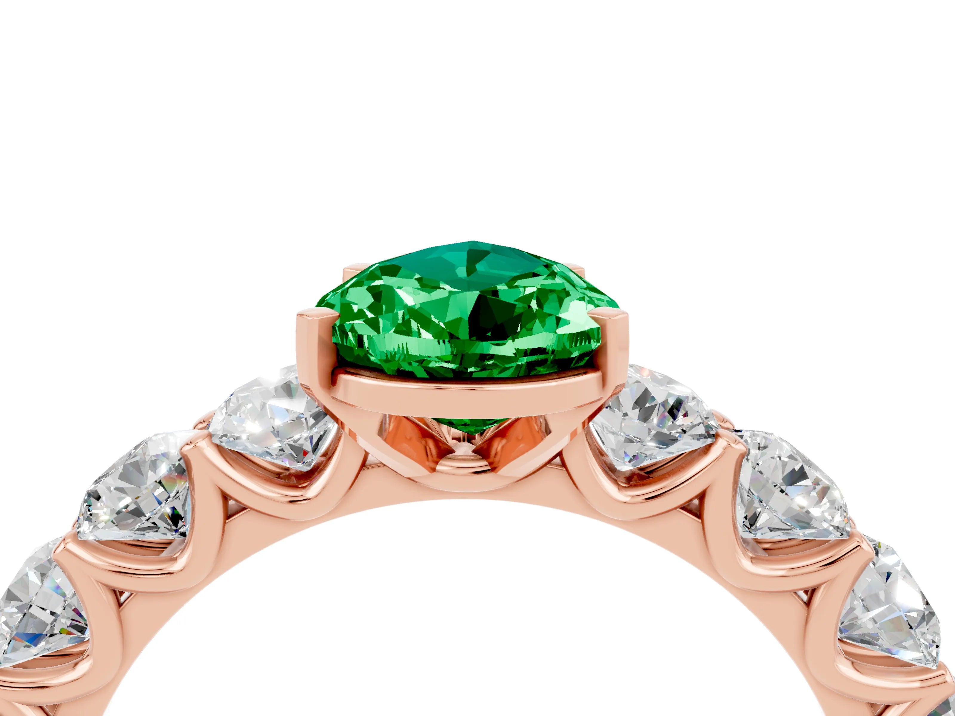 Rose gold Pear Cut Emerald Prong Setting with Side Stones on a Pave Band_4