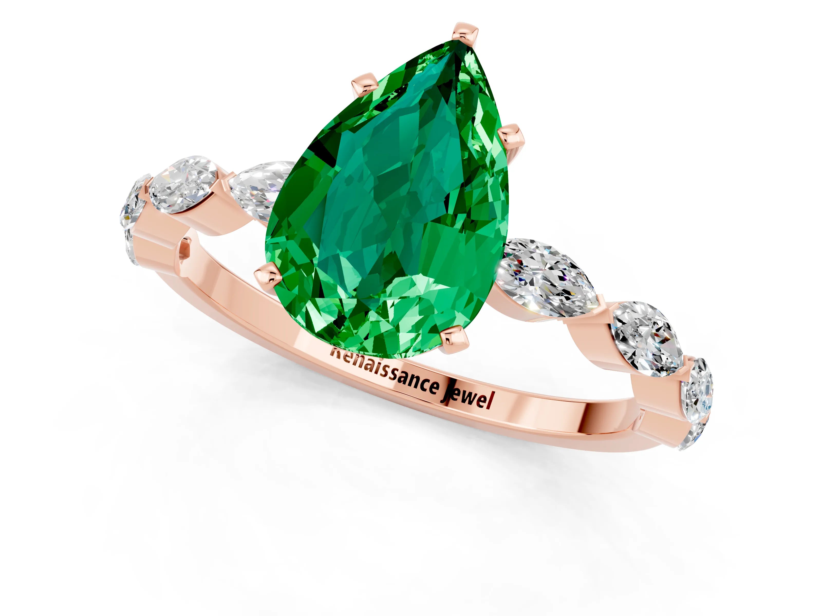 Rose gold Pear Cut Emerald Ring with Marquise Side Stones and Prong Setting_1