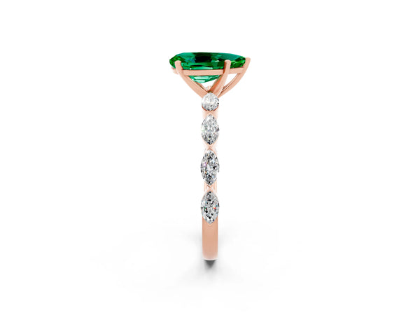 Rose gold Pear Cut Emerald Ring with Marquise Side Stones and Prong Setting