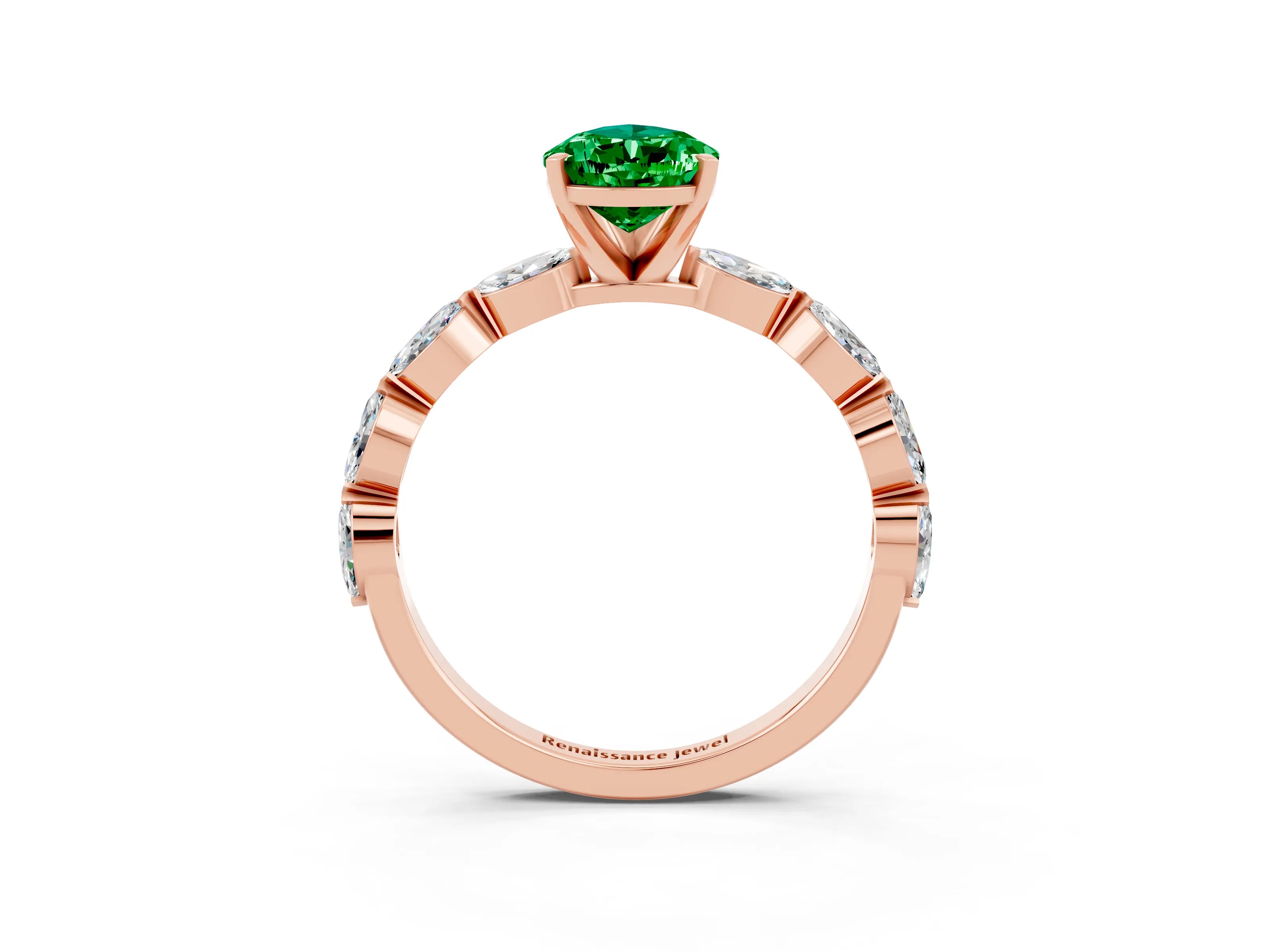 Rose gold Pear Cut Emerald Ring with Marquise Side Stones and Prong Setting_3