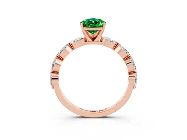 Rose gold Pear Cut Emerald Ring with Marquise Side Stones and Prong Setting