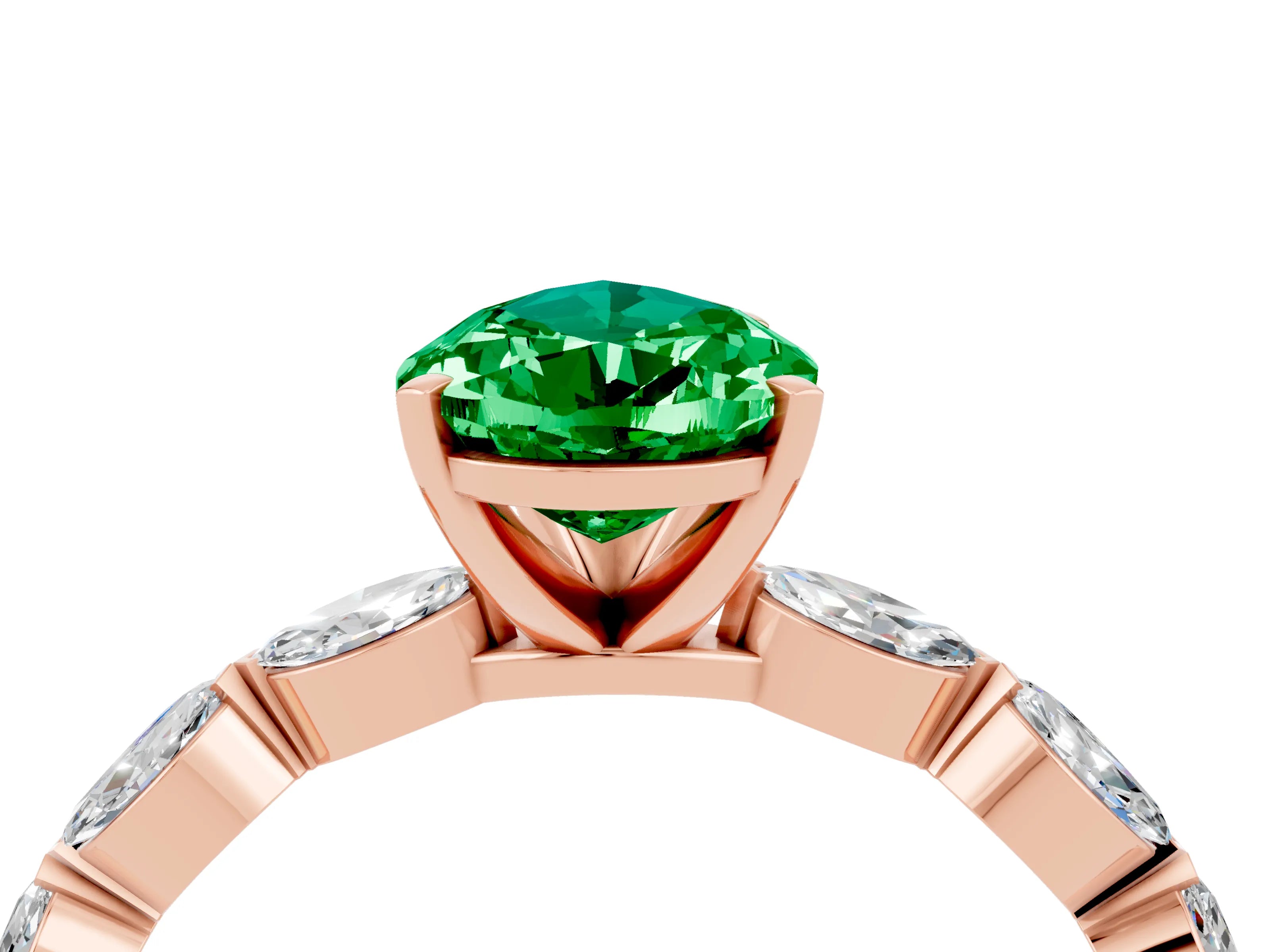 Rose gold Pear Cut Emerald Ring with Marquise Side Stones and Prong Setting_4