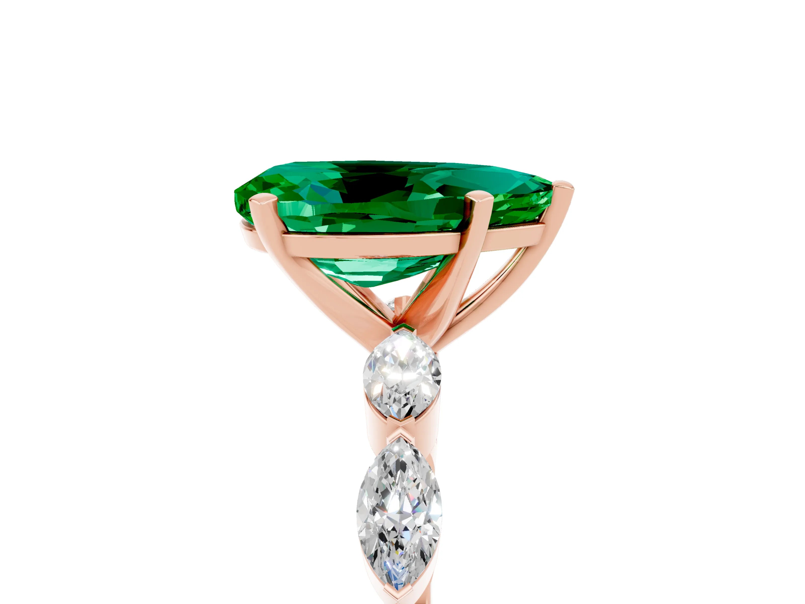 Rose gold Pear Cut Emerald Ring with Marquise Side Stones and Prong Setting_5