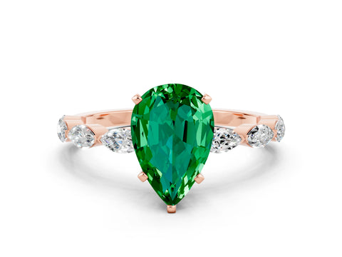 Rose gold Pear Cut Emerald Ring with Marquise Side Stones and Prong Setting
