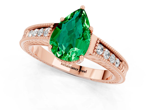Rose gold Pear Cut Emerald Ring with Milgrain Pavé Band and Four-Prong Setting