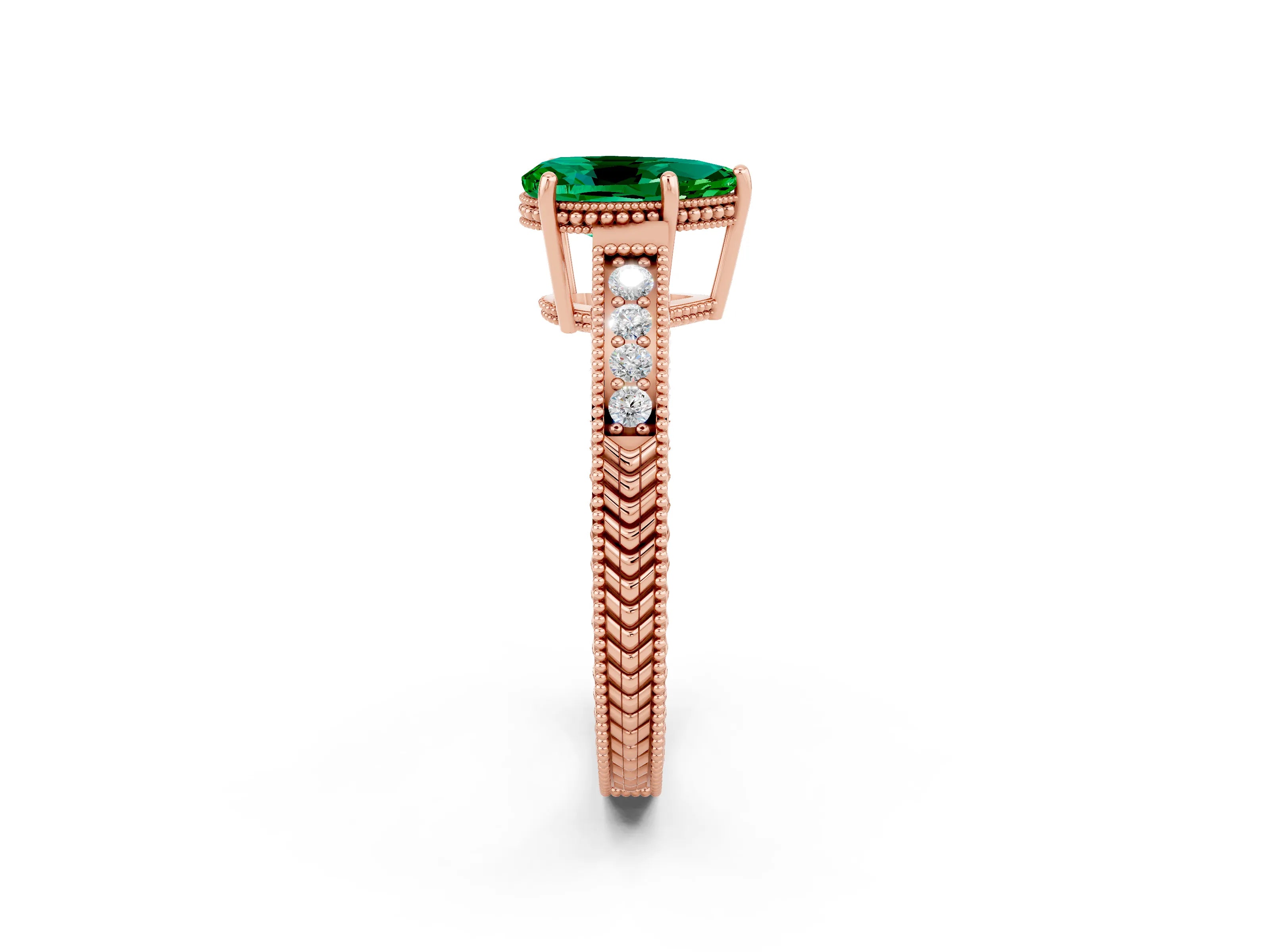 Rose gold Pear Cut Emerald Ring with Milgrain Pavé Band and Four-Prong Setting_14