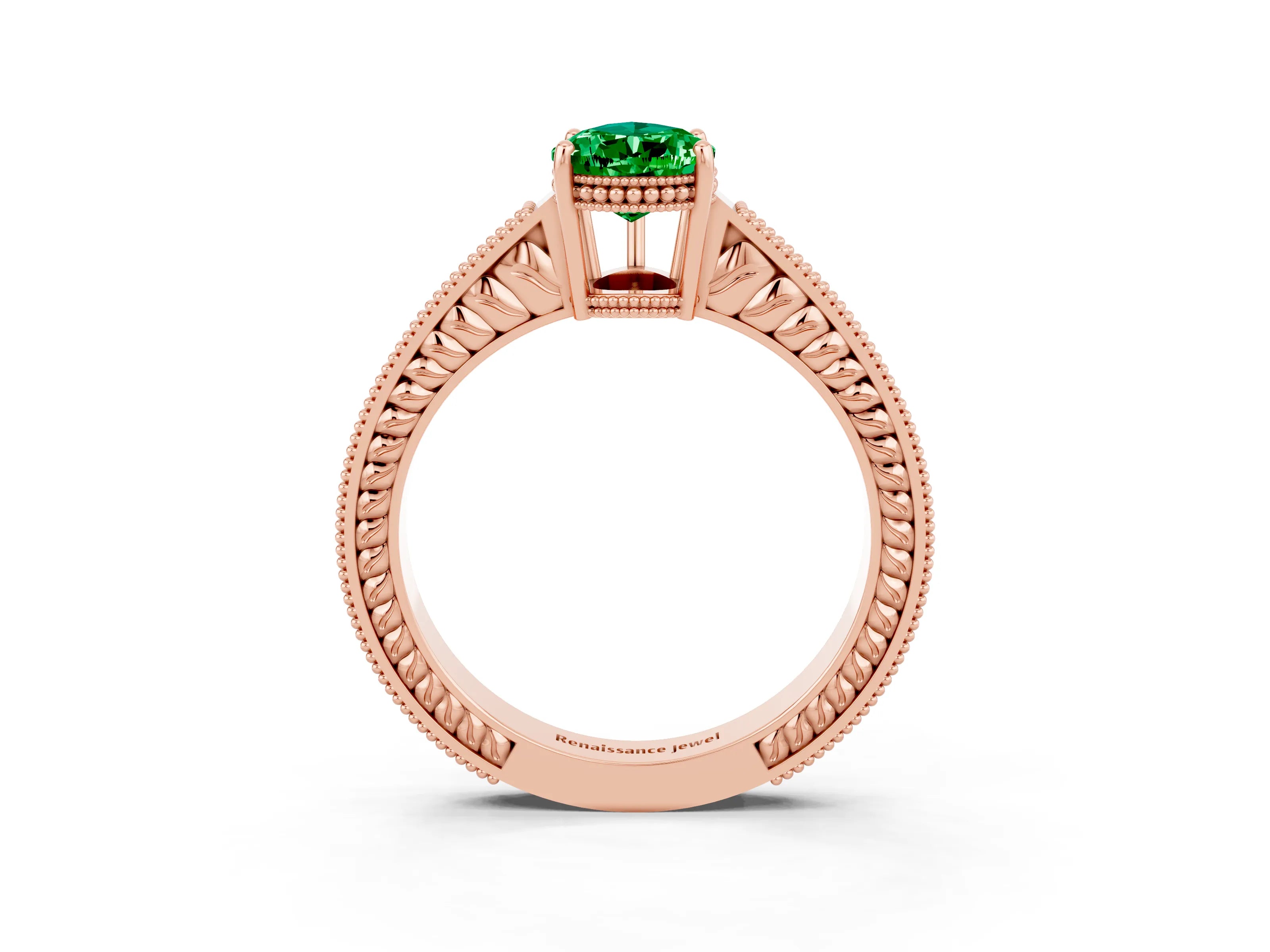 Rose gold Pear Cut Emerald Ring with Milgrain Pavé Band and Four-Prong Setting_15