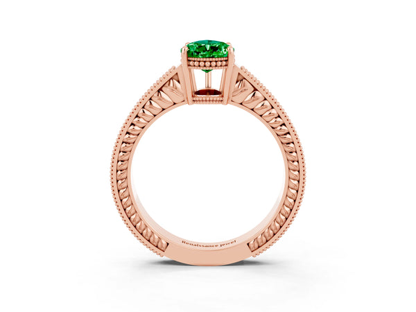 Rose gold Pear Cut Emerald Ring with Milgrain Pavé Band and Four-Prong Setting