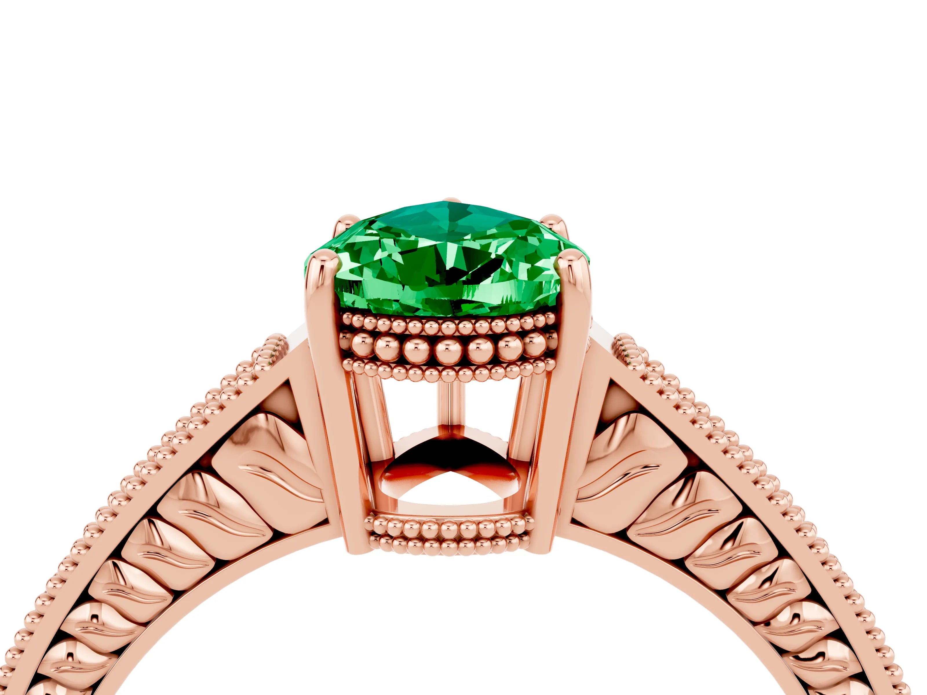 Rose gold Pear Cut Emerald Ring with Milgrain Pavé Band and Four-Prong Setting_16