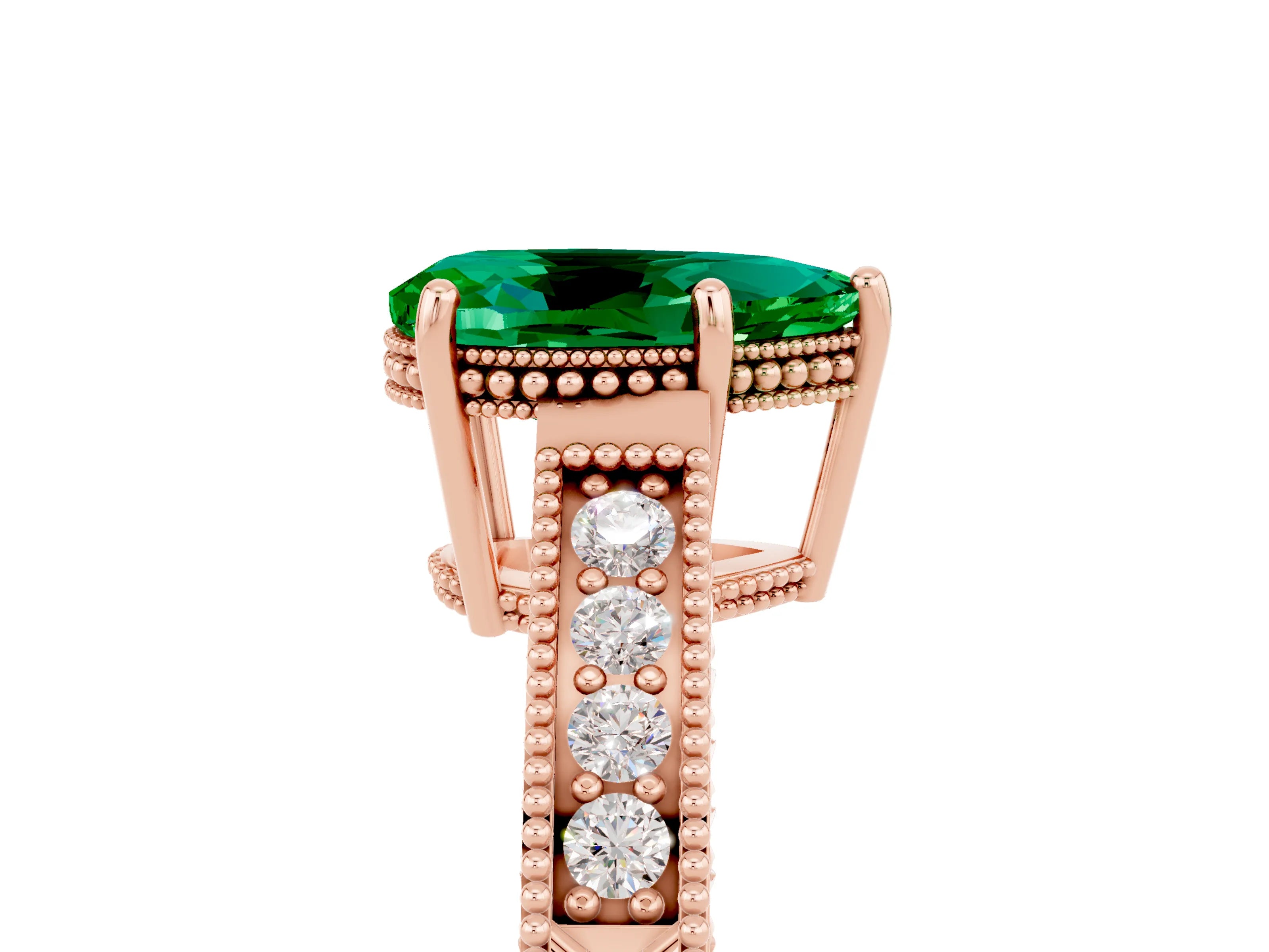 Rose gold Pear Cut Emerald Ring with Milgrain Pavé Band and Four-Prong Setting_17