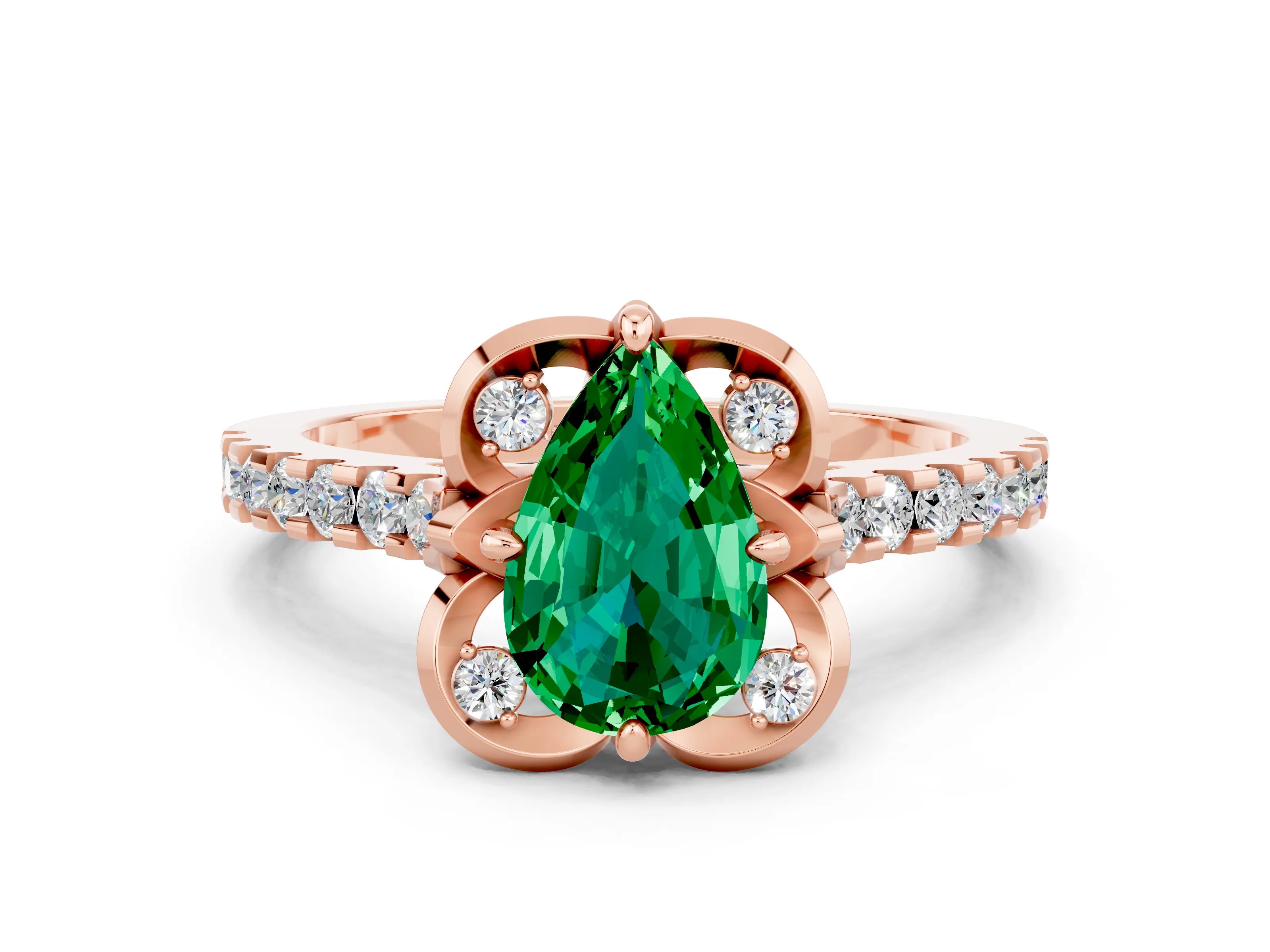 Rose gold Pear Cut Emerald Ring with Pavé Band and Floral Prong Setting