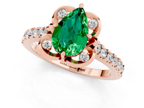 Rose gold Pear Cut Emerald Ring with Pavé Band and Floral Prong Setting_1