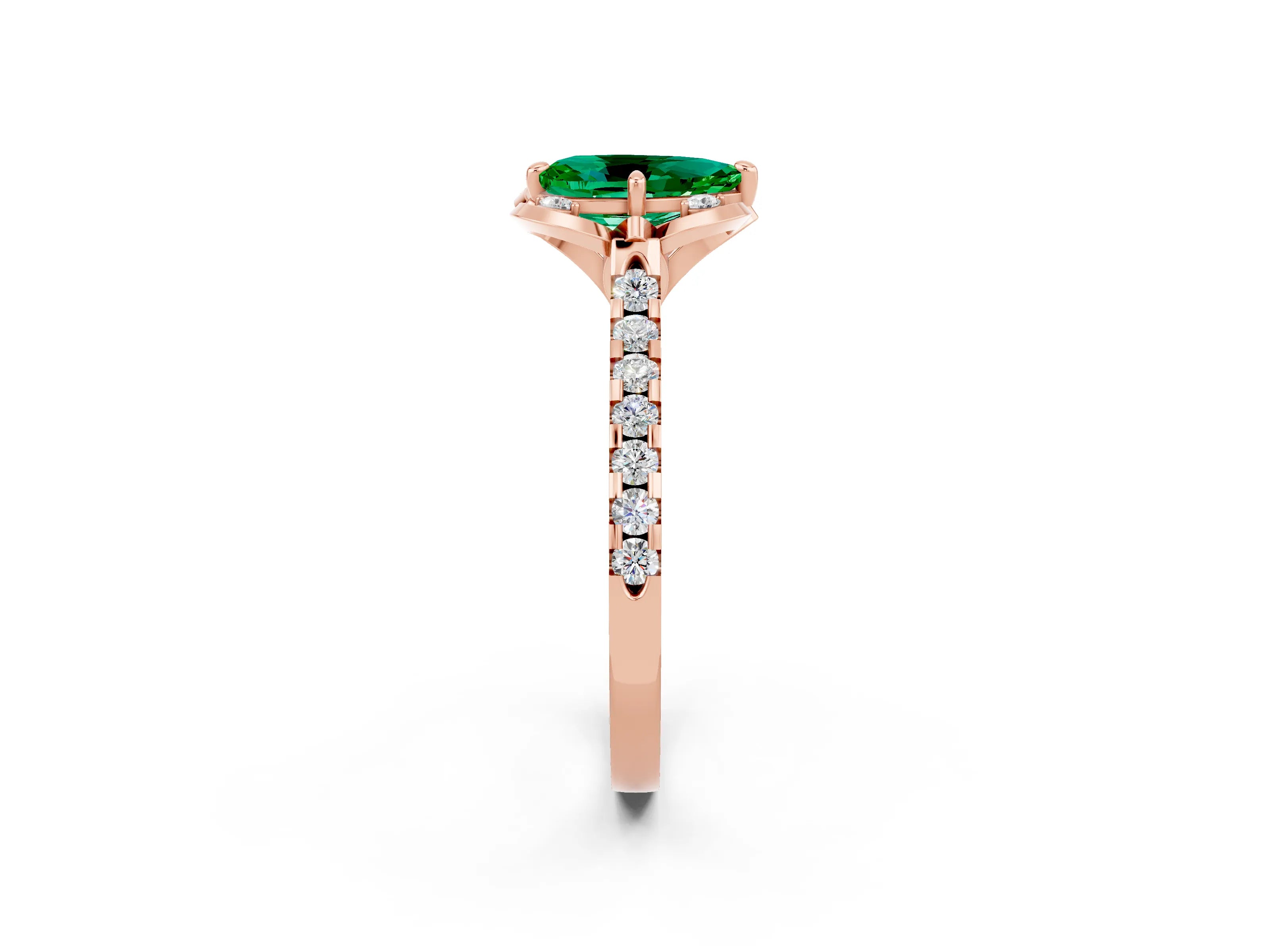 Rose gold Pear Cut Emerald Ring with Pavé Band and Floral Prong Setting_2