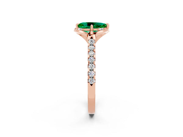 Rose gold Pear Cut Emerald Ring with Pavé Band and Floral Prong Setting