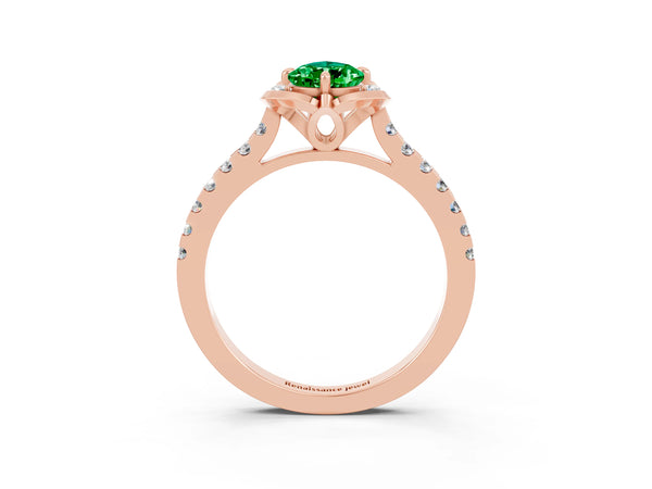 Rose gold Pear Cut Emerald Ring with Pavé Band and Floral Prong Setting