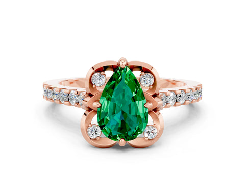 Rose gold Pear Cut Emerald Ring with Pavé Band and Floral Prong Setting