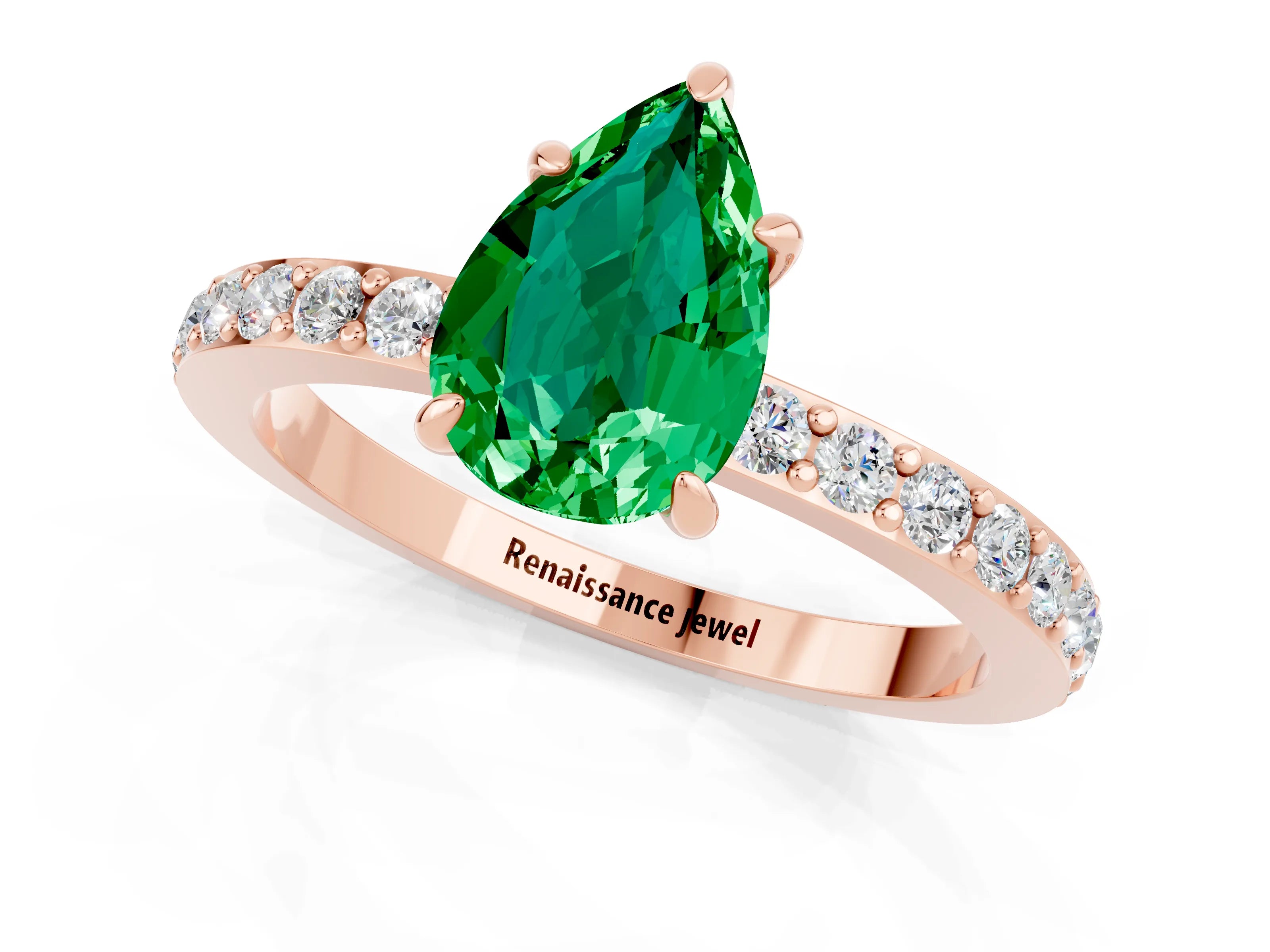 Rose gold Pear Cut Emerald Ring with Pavé Band and Four-Prong Setting_1