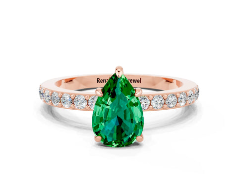 Rose gold Pear Cut Emerald Ring with Pavé Band and Four-Prong Setting