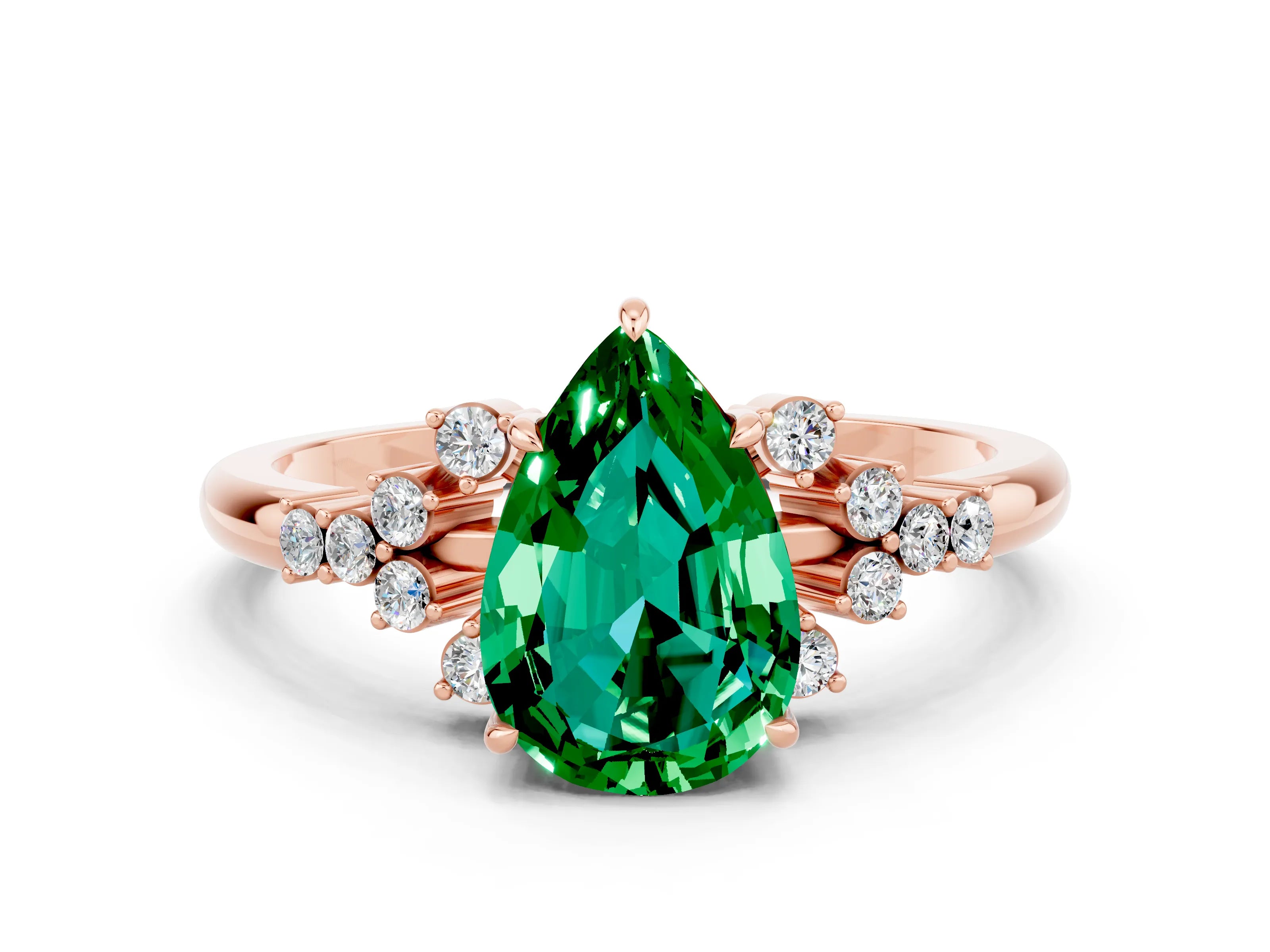 Rose gold Pear Cut Emerald Ring with Side Stones and Four-Prong Setting_36