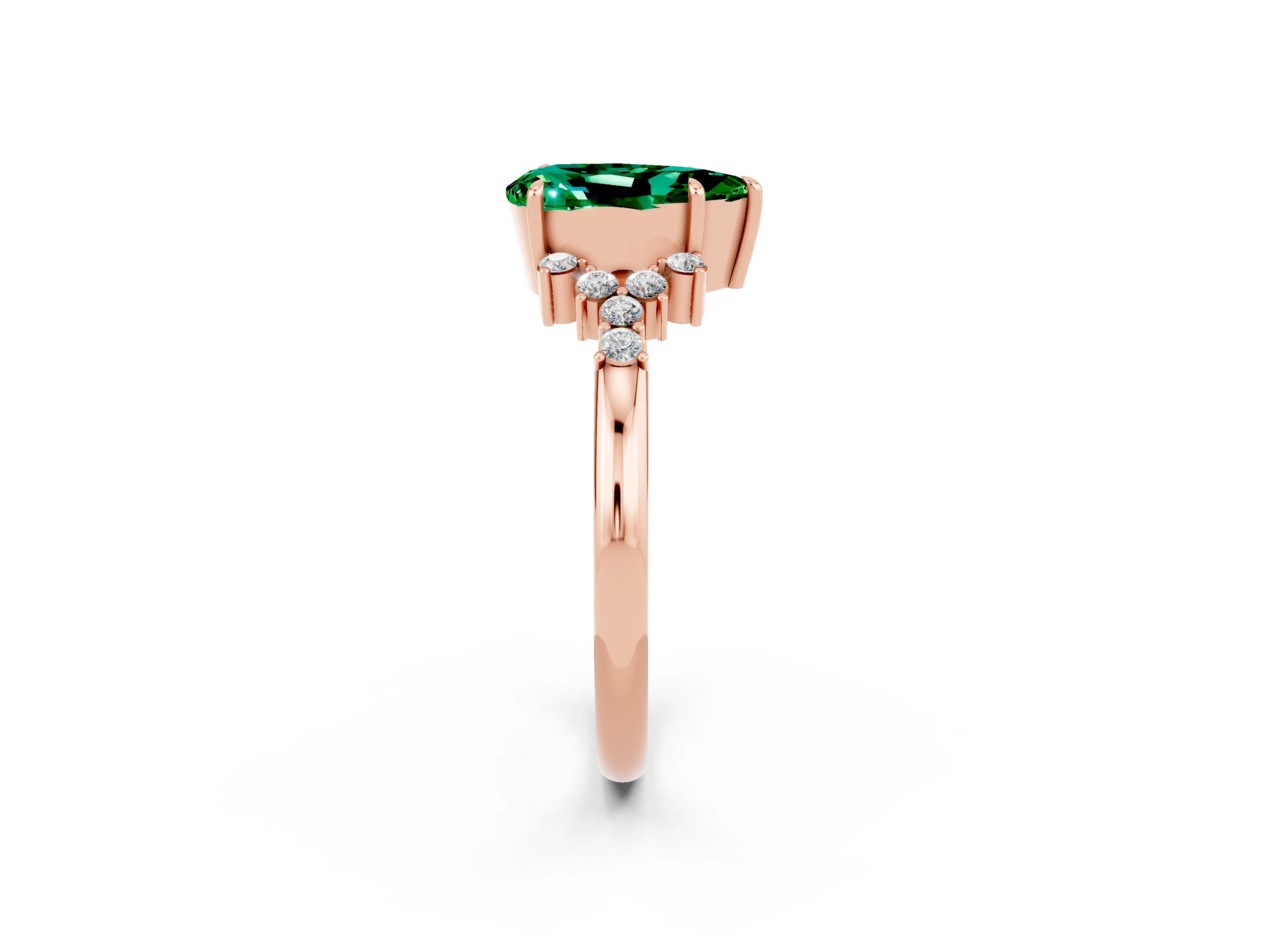 Rose gold Pear Cut Emerald Ring with Side Stones and Four-Prong Setting_38